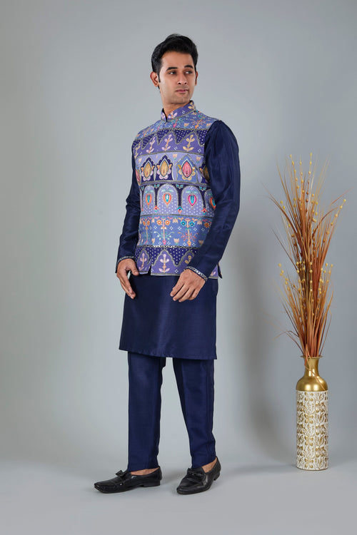 Engagement Wear Men's Navy Raw Silk Kurta Jacket Set in Classic Fit