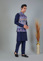 Engagement Wear Men's Navy Raw Silk Kurta Jacket Set in Classic Fit