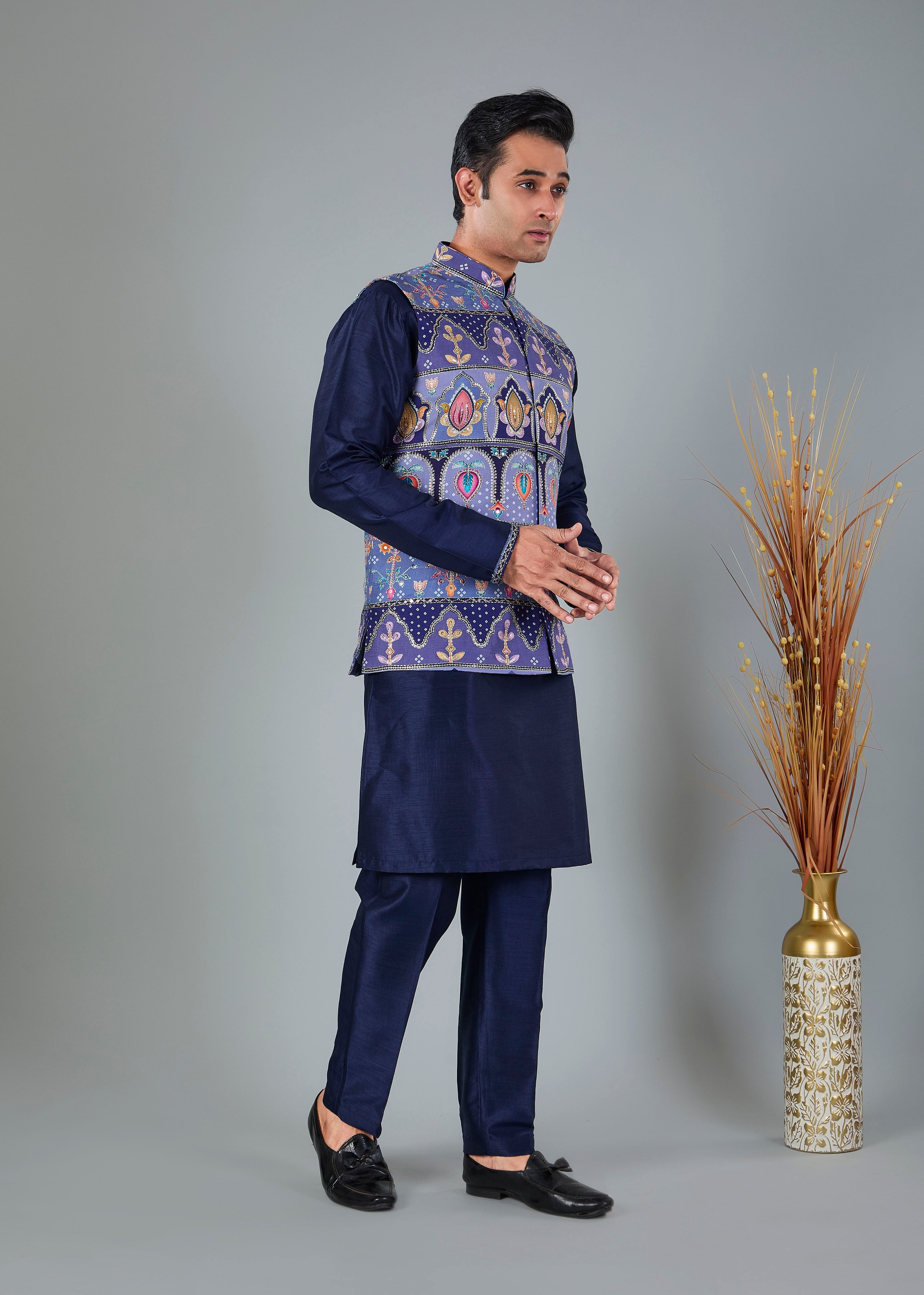 Engagement Wear Men's Navy Raw Silk Kurta Jacket Set in Classic Fit