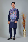 Engagement Wear Men's Navy Raw Silk Kurta Jacket Set in Classic Fit