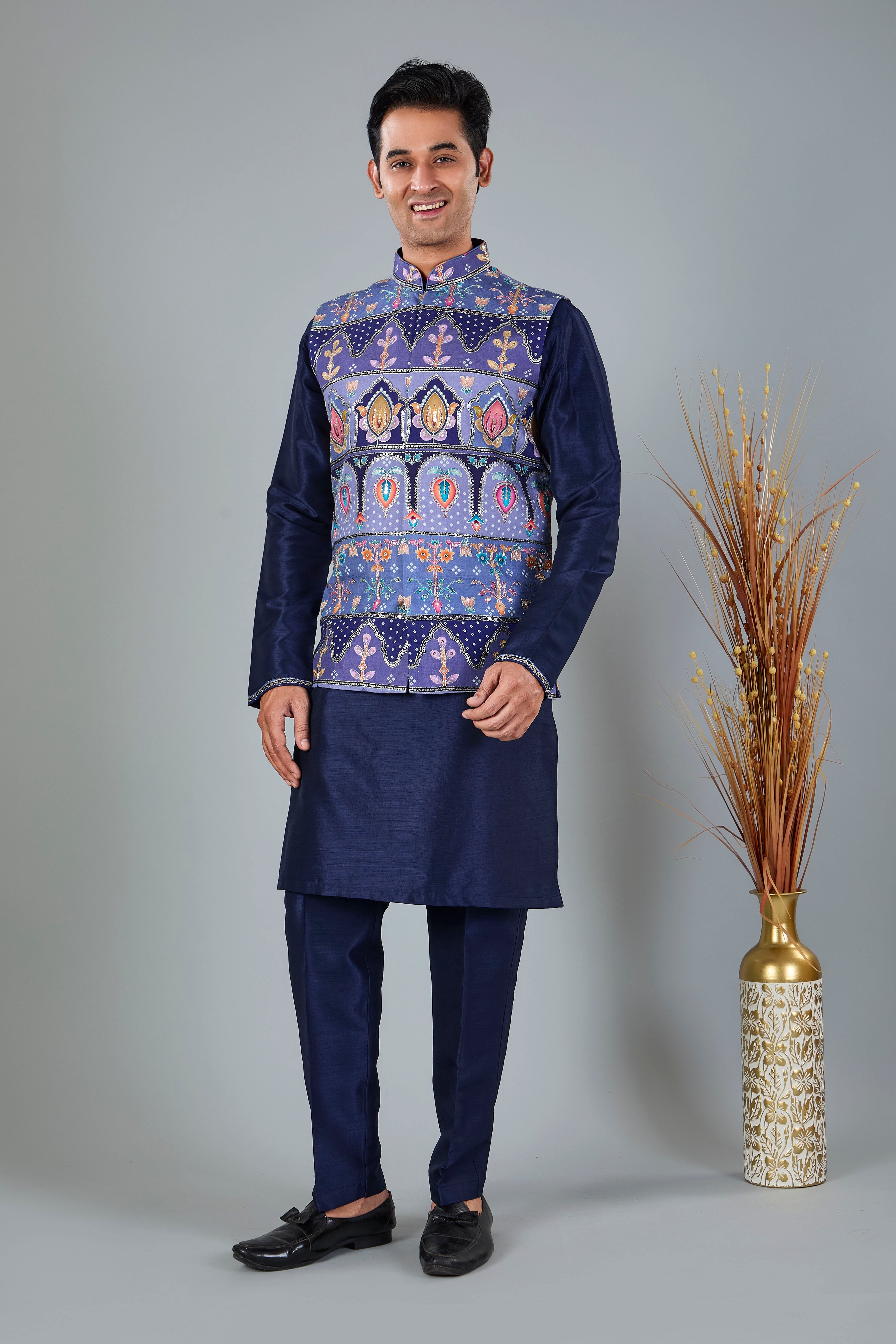 Engagement Wear Men's Navy Raw Silk Kurta Jacket Set in Classic Fit