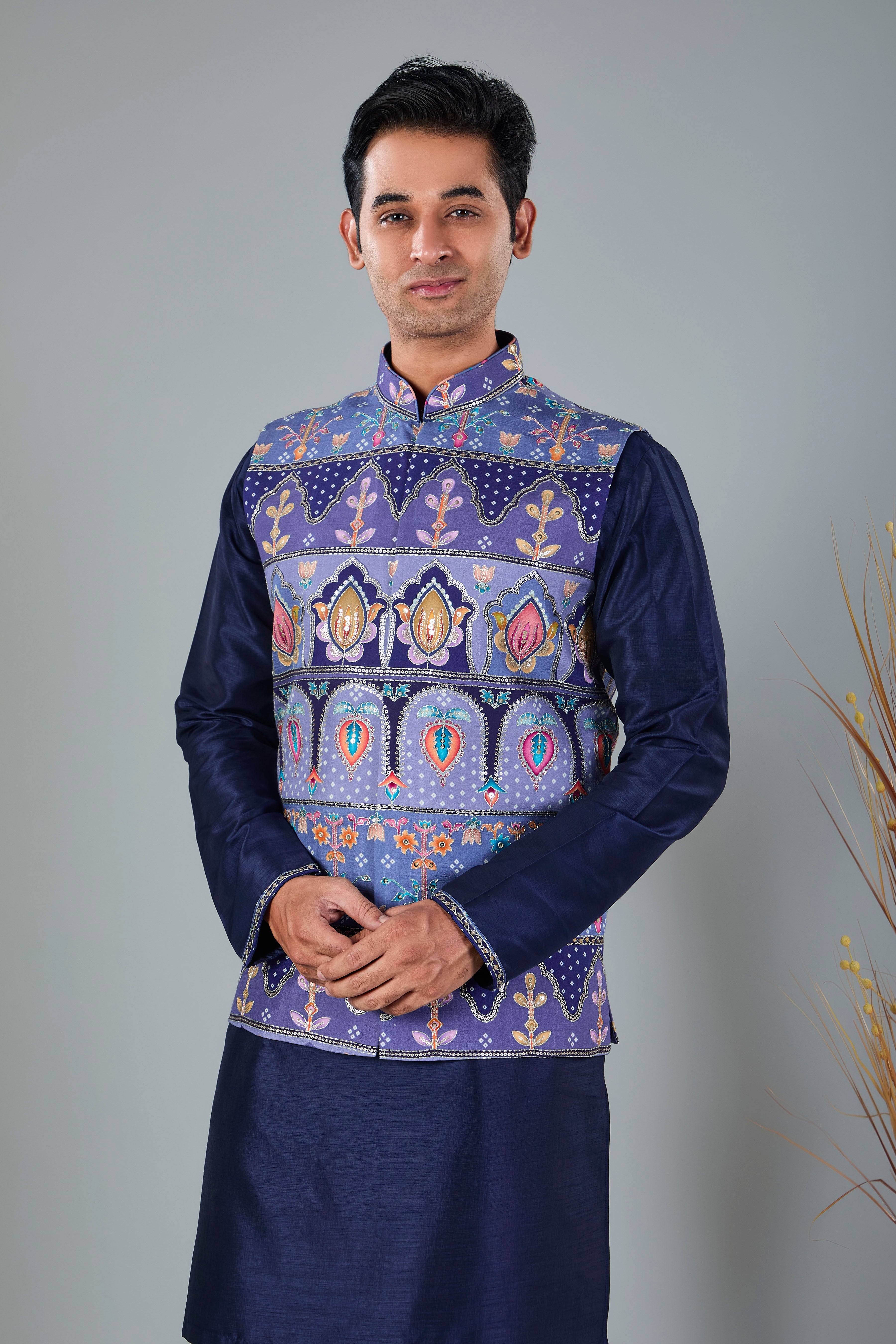 Engagement Wear Men's Navy Raw Silk Kurta Jacket Set in Classic Fit