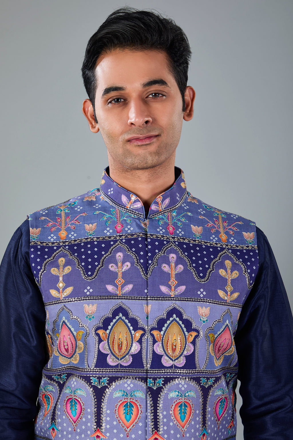 Engagement Wear Men's Navy Raw Silk Kurta Jacket Set in Classic Fit