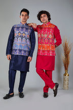 Royal Red Men’s Printed Kurta Jacket Set in Silk for Wedding Occasions