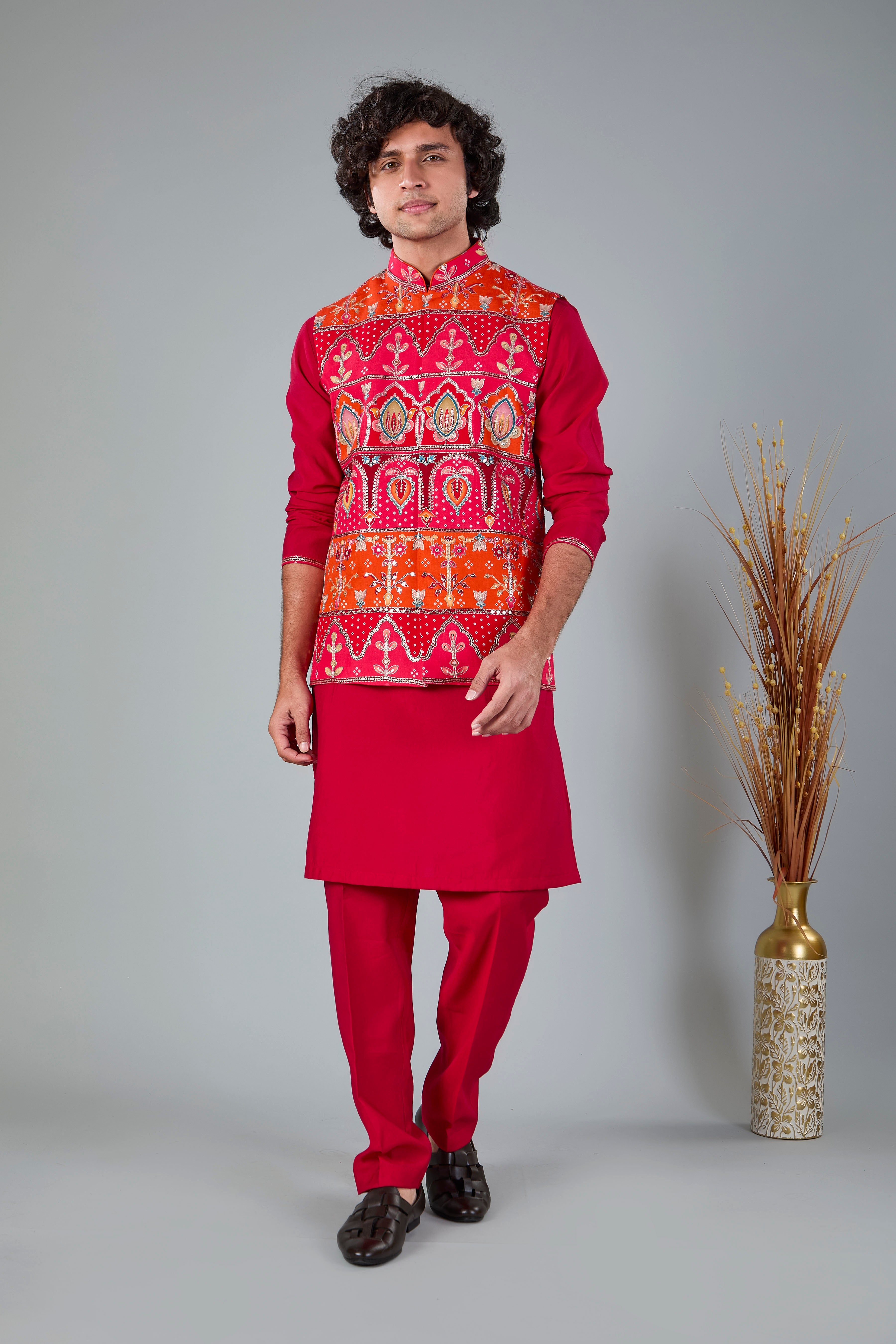 Royal Red Men’s Printed Kurta Jacket Set in Silk for Wedding Occasions