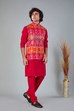 Royal Red Men’s Printed Kurta Jacket Set in Silk for Wedding Occasions