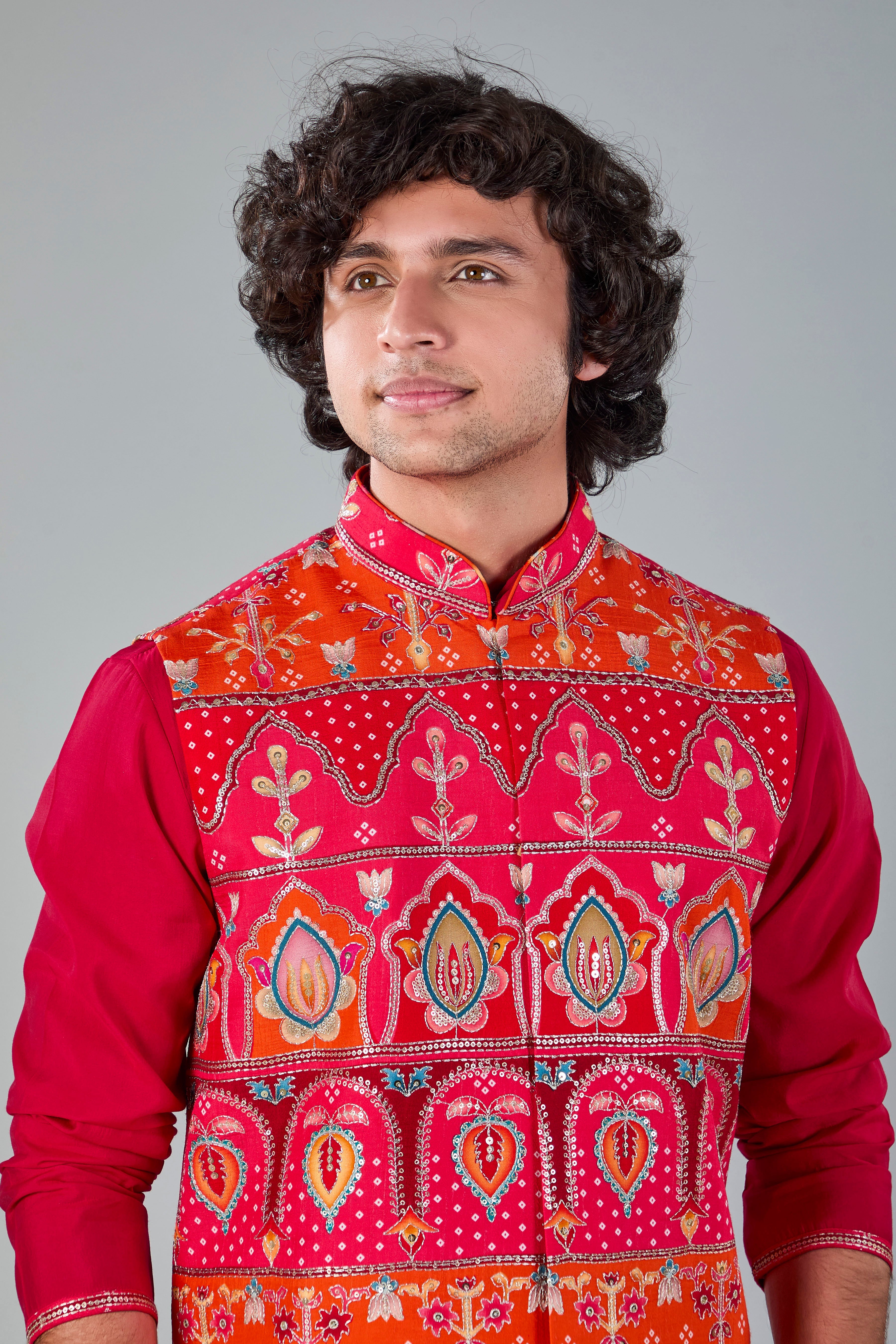 Royal Red Men’s Printed Kurta Jacket Set in Silk for Wedding Occasions