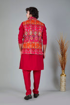 Royal Red Men’s Printed Kurta Jacket Set in Silk for Wedding Occasions
