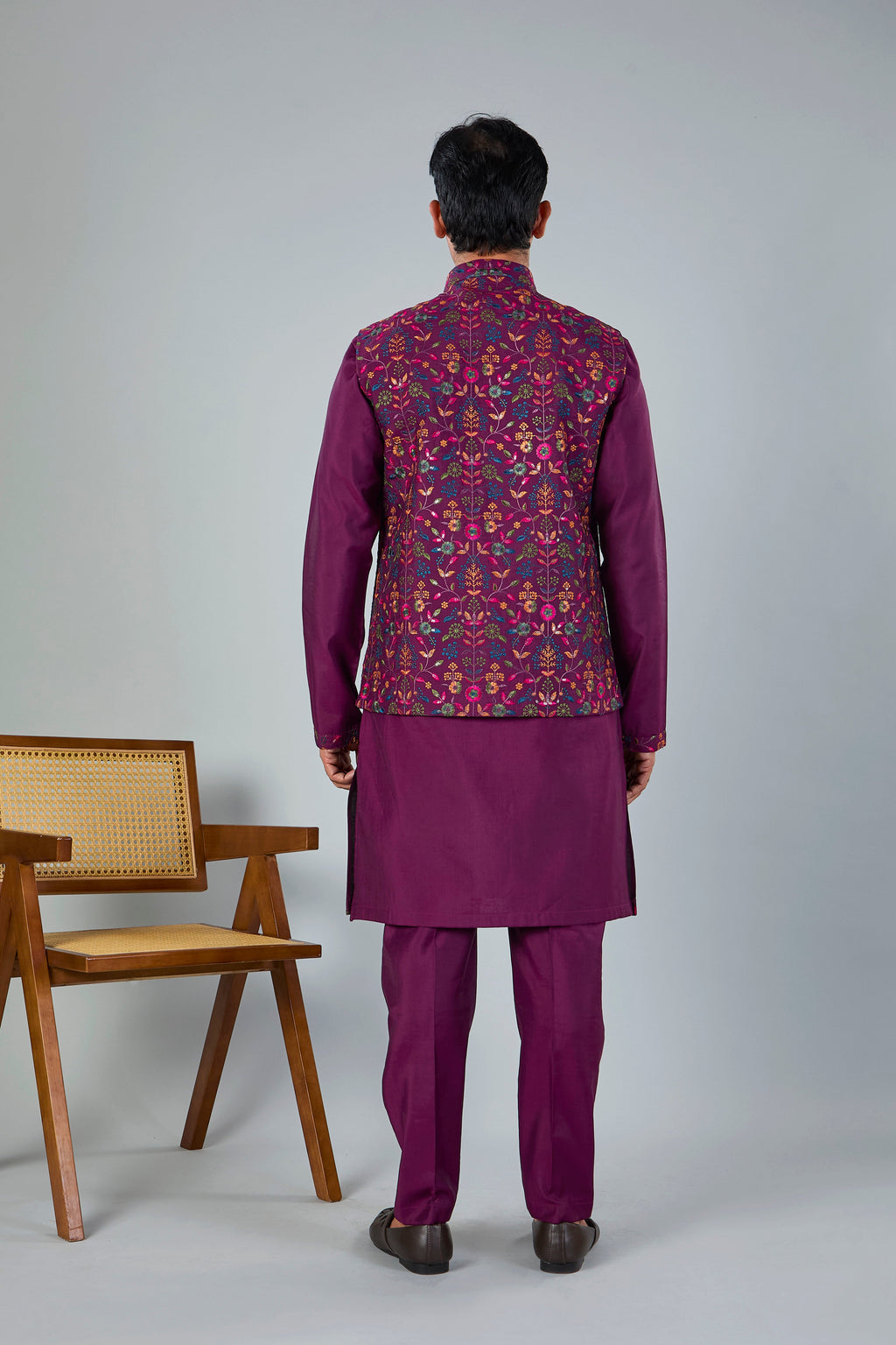Wedding Look Wine Puple Raw Silk Kurta Jacket Set with Full Sleeves