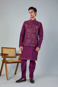 Wedding Look Wine Puple Raw Silk Kurta Jacket Set with Full Sleeves