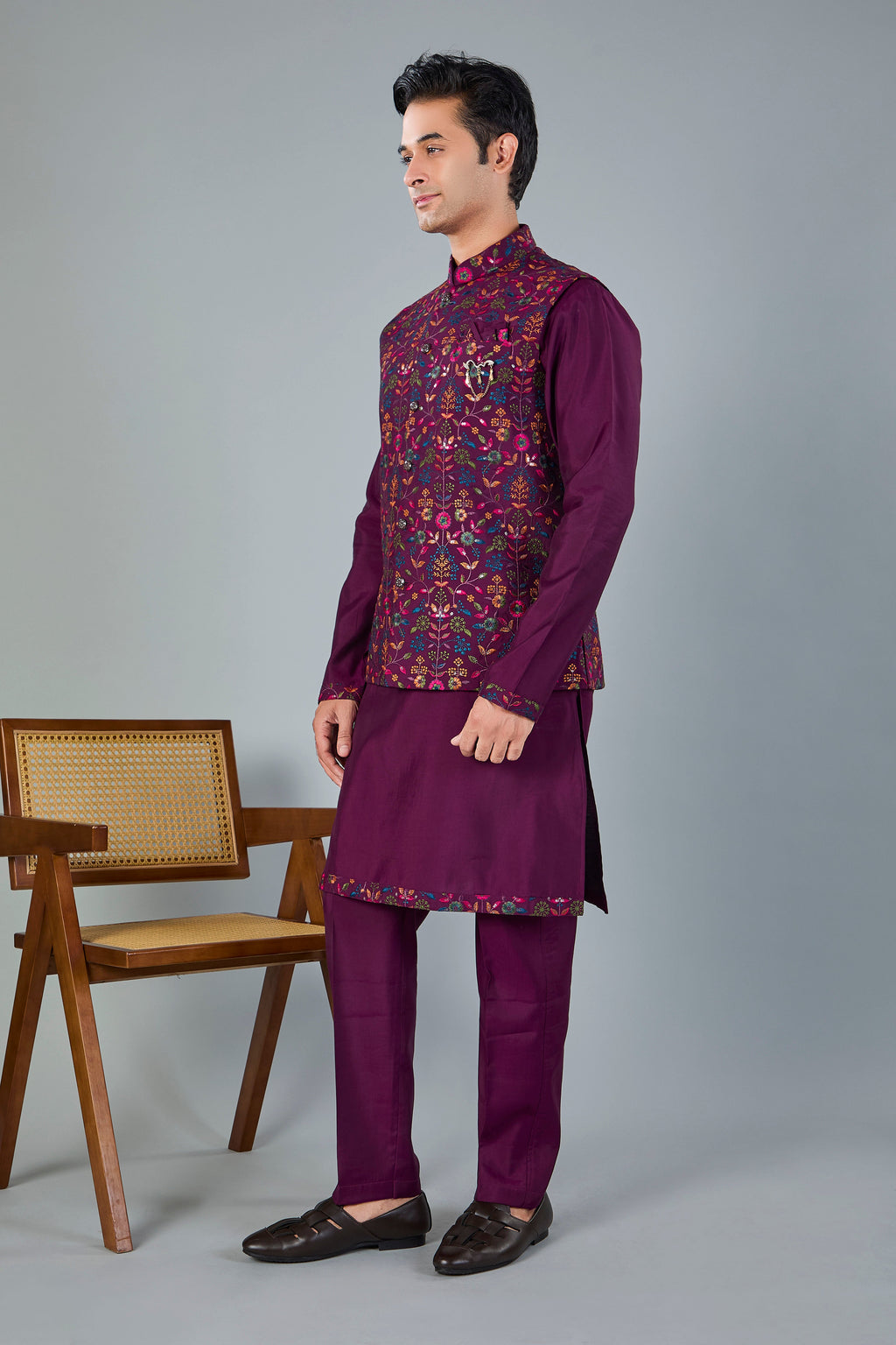 Wedding Look Wine Puple Raw Silk Kurta Jacket Set with Full Sleeves