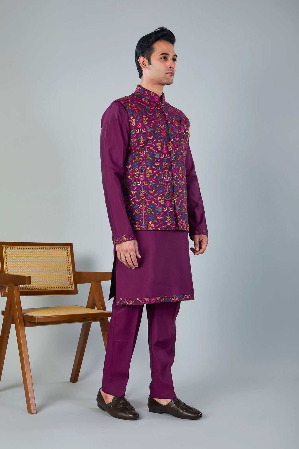 Wedding Look Wine Puple Raw Silk Kurta Jacket Set with Full Sleeves