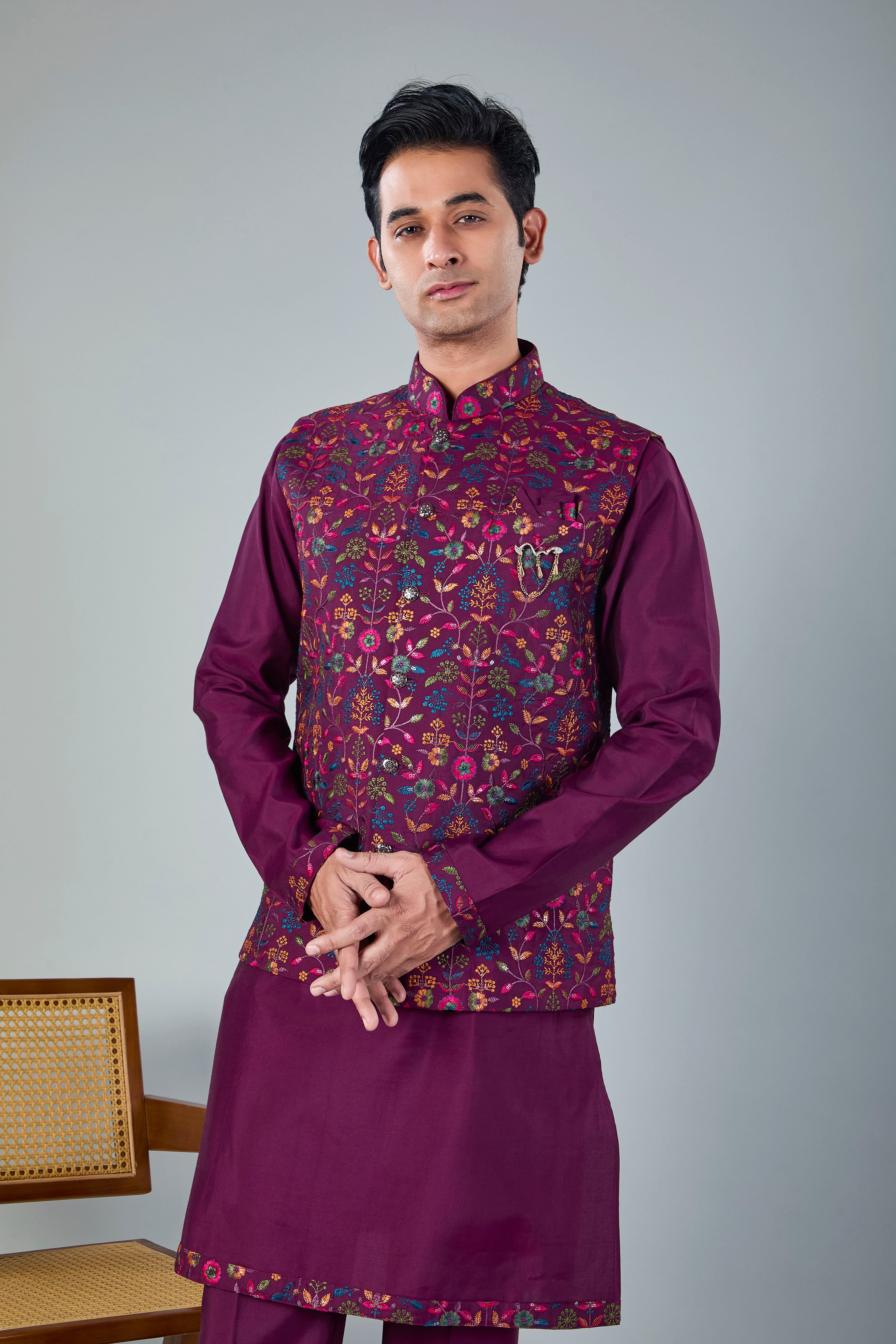 Wedding Look Wine Puple Raw Silk Kurta Jacket Set with Full Sleeves