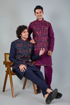 Wedding Look Wine Puple Raw Silk Kurta Jacket Set with Full Sleeves