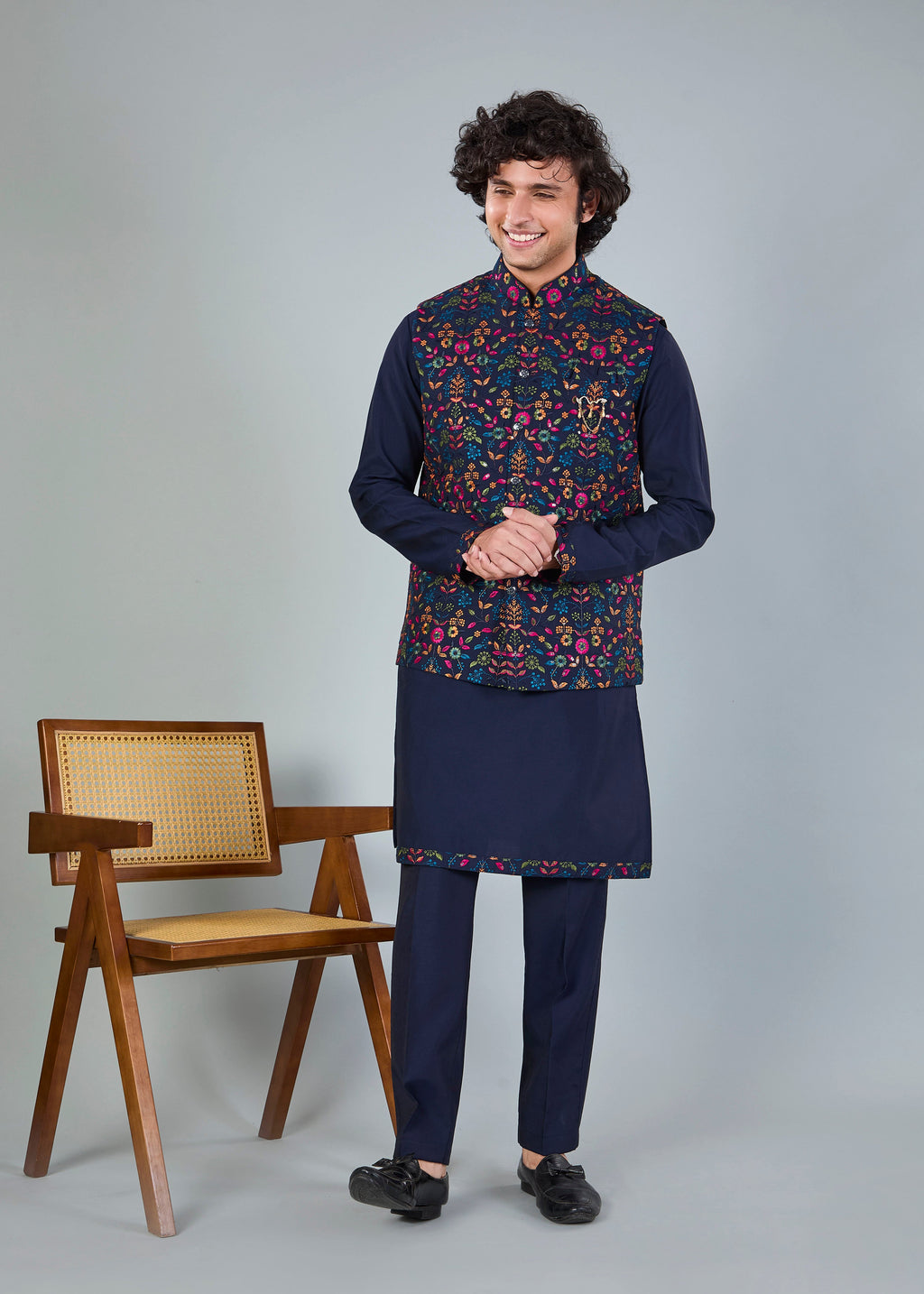 Men's Navy Raw Silk Embroidered Kurta Jacket Set with Comfort Fit