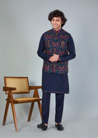 Men's Navy Raw Silk Embroidered Kurta Jacket Set with Comfort Fit
