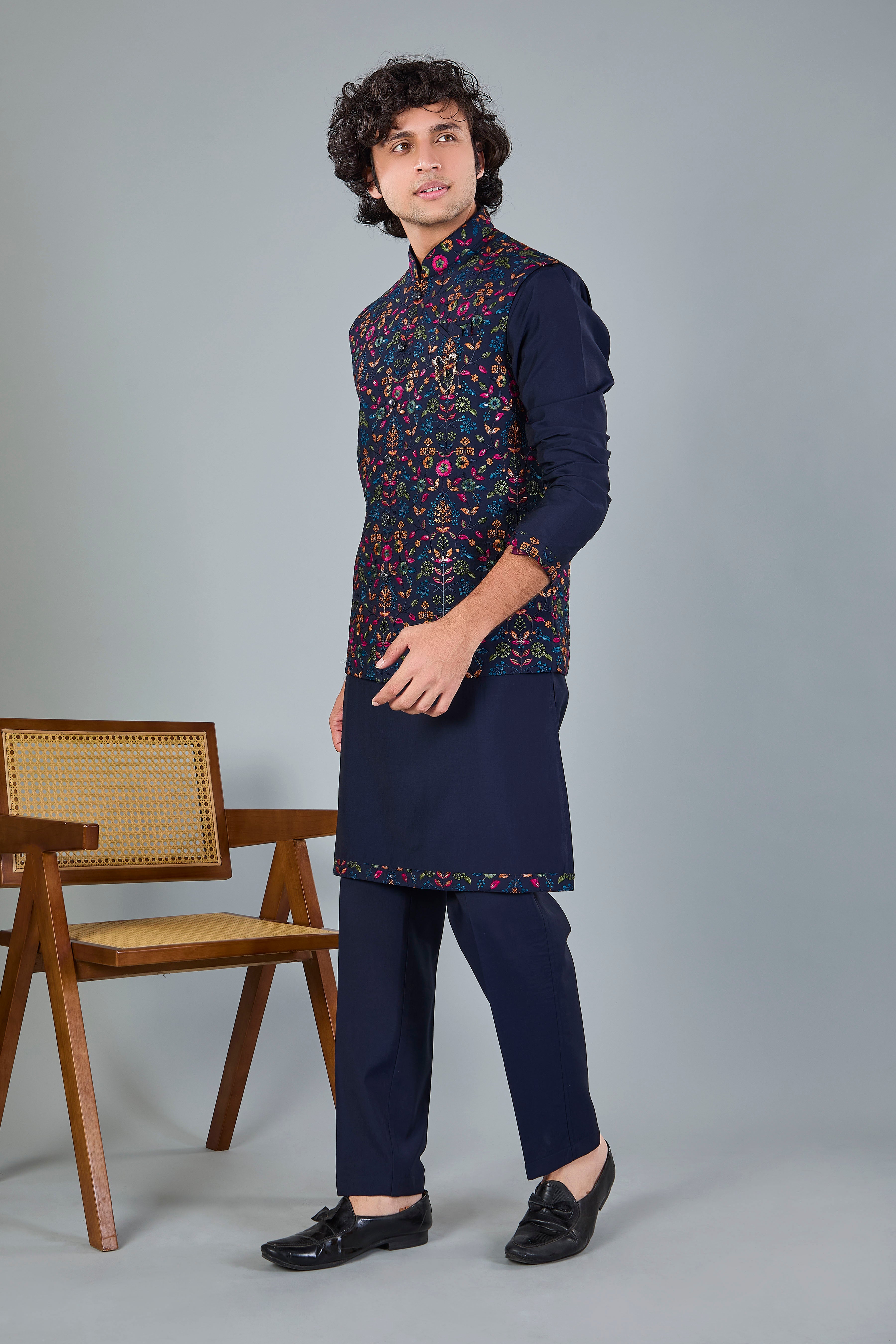 Men's Navy Raw Silk Embroidered Kurta Jacket Set with Comfort Fit