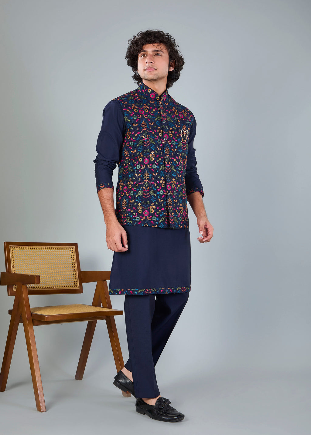 Men's Navy Raw Silk Embroidered Kurta Jacket Set with Comfort Fit