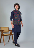 Men's Navy Raw Silk Embroidered Kurta Jacket Set with Comfort Fit