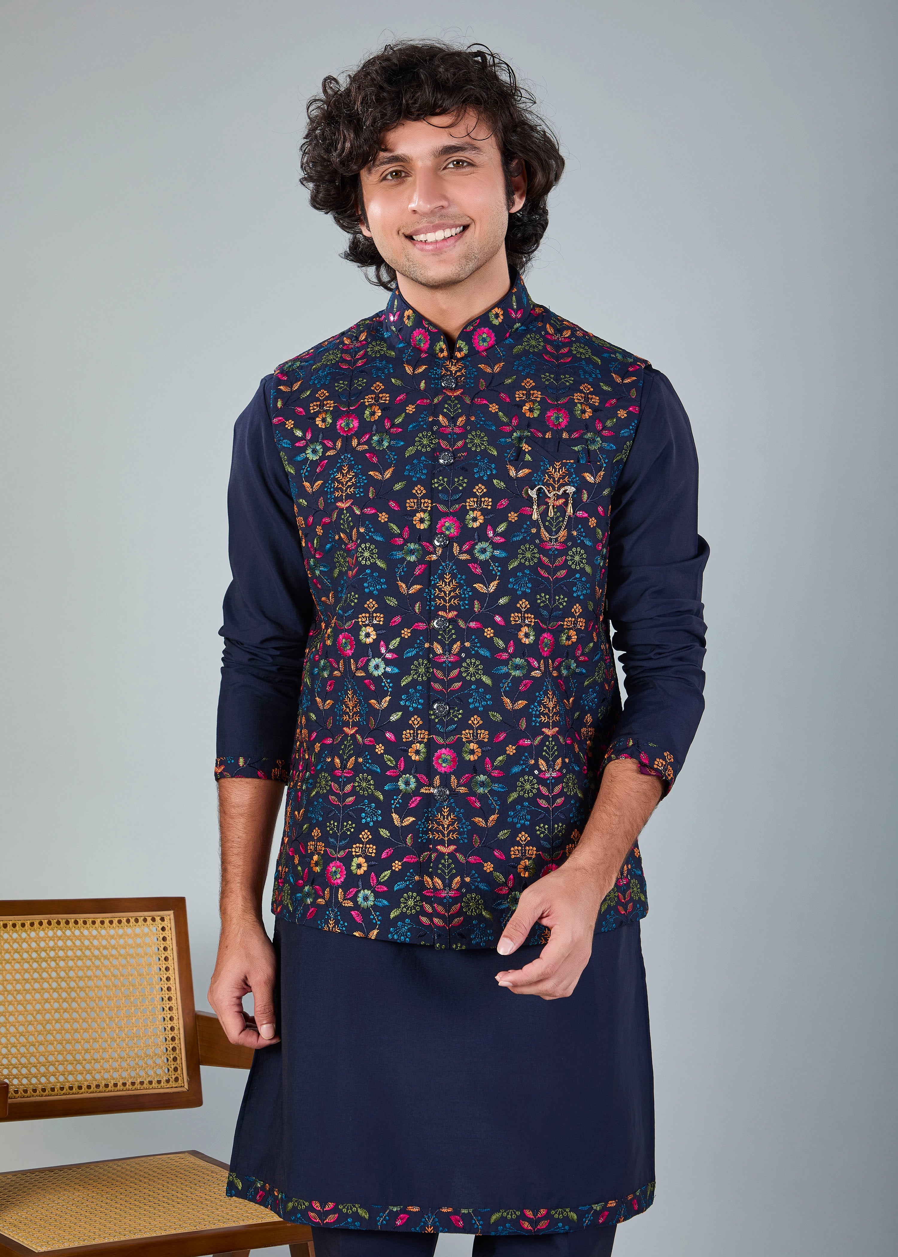 Men's Navy Raw Silk Embroidered Kurta Jacket Set with Comfort Fit