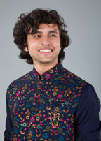 Men's Navy Raw Silk Embroidered Kurta Jacket Set with Comfort Fit