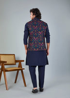 Men's Navy Raw Silk Embroidered Kurta Jacket Set with Comfort Fit
