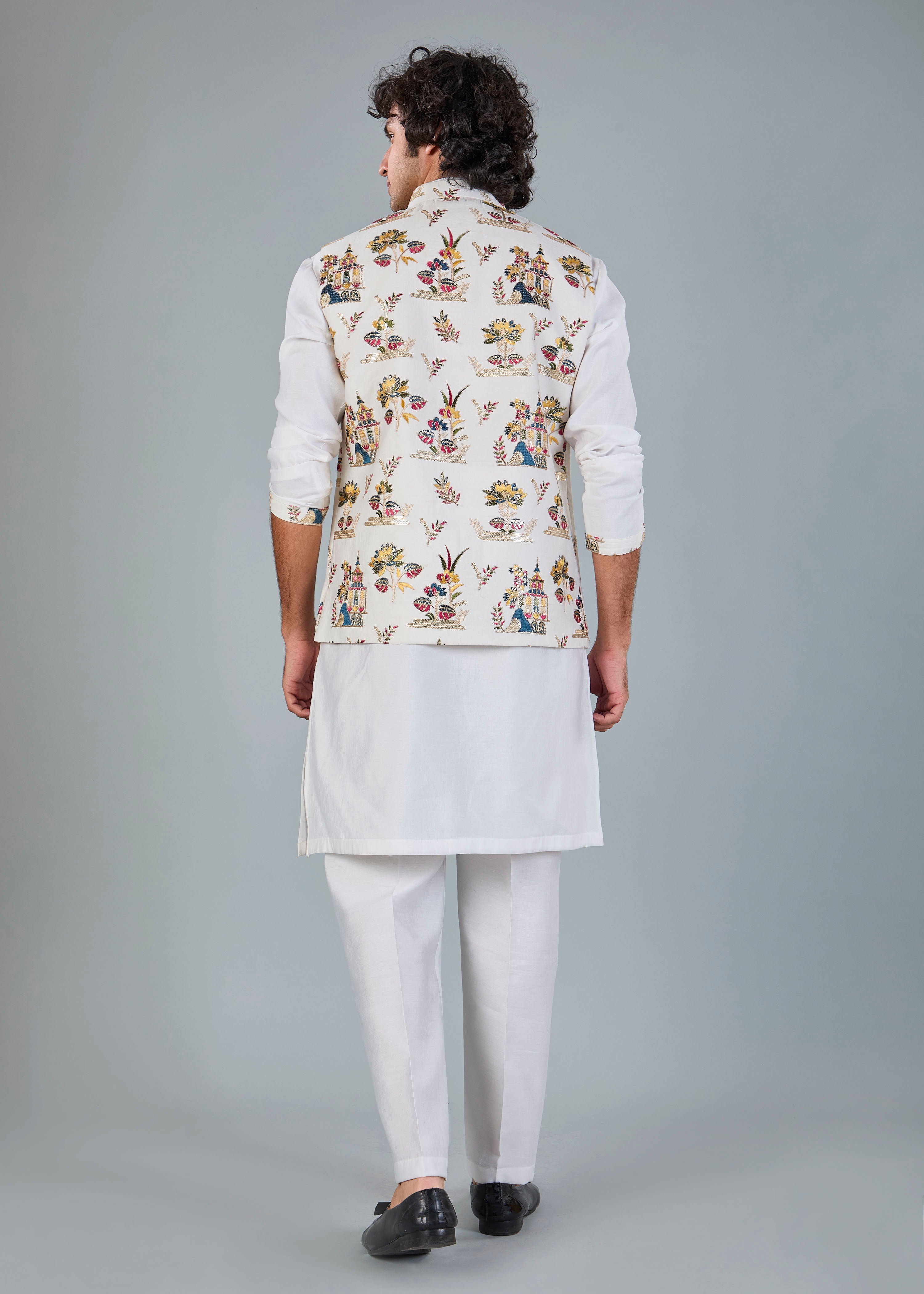 Men's Off-White Kurta Jacket Set in Raw Silk for Festive and Wedding