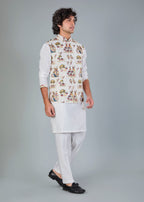 Men's Off-White Kurta Jacket Set in Raw Silk for Festive and Wedding
