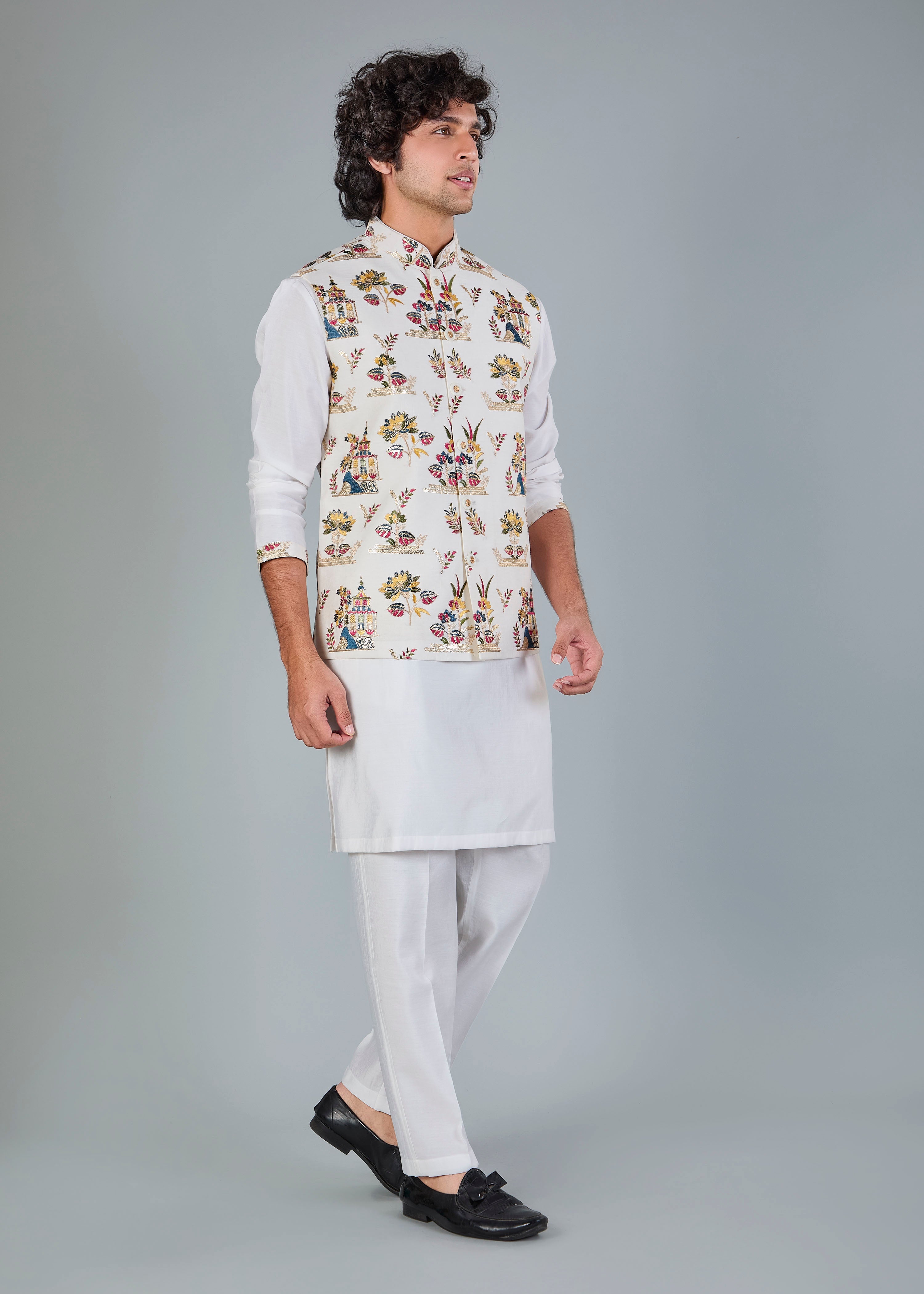 Men's Off-White Kurta Jacket Set in Raw Silk for Festive and Wedding