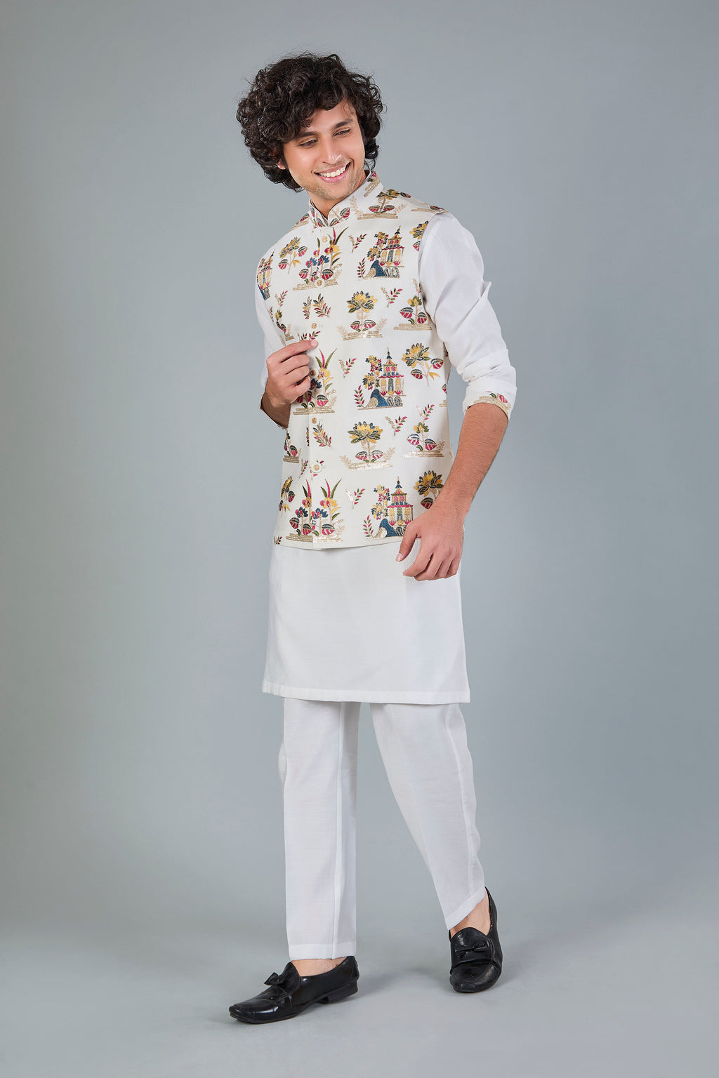Men's Off-White Kurta Jacket Set in Raw Silk for Festive and Wedding