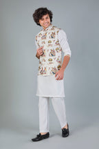 Men's Off-White Kurta Jacket Set in Raw Silk for Festive and Wedding