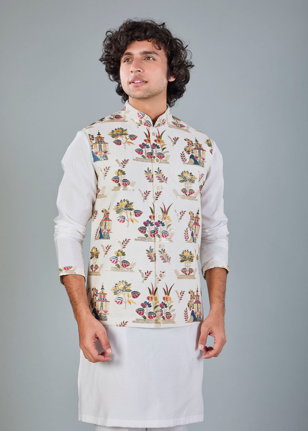 Men's Off-White Kurta Jacket Set in Raw Silk for Festive and Wedding