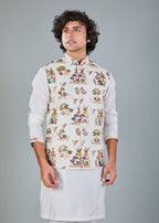 Men's Off-White Kurta Jacket Set in Raw Silk for Festive and Wedding
