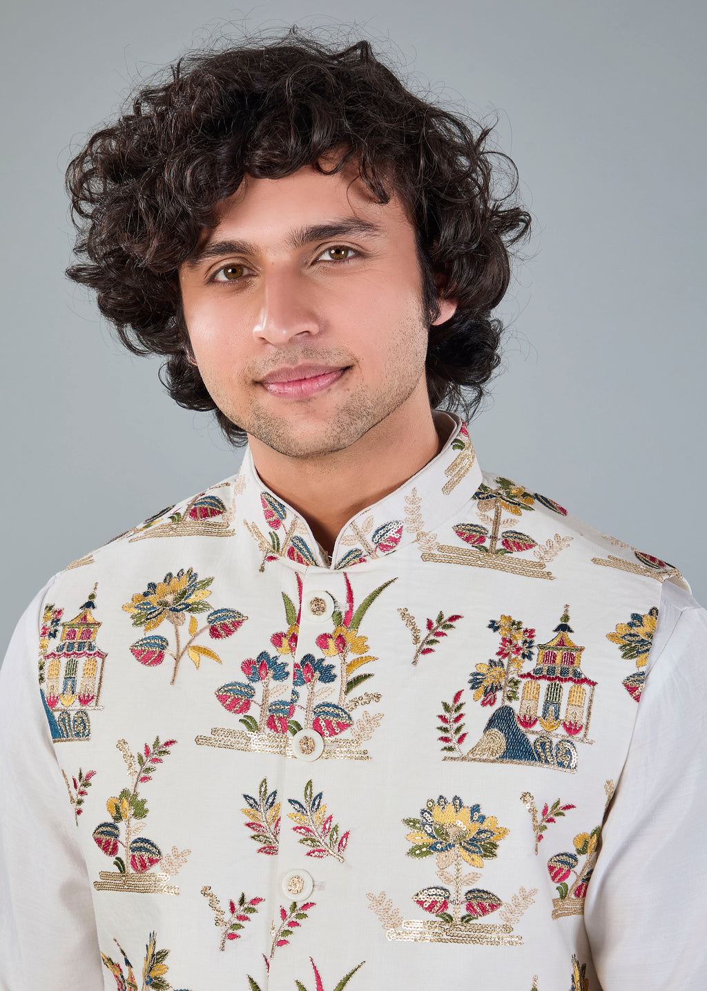 Men's Off-White Kurta Jacket Set in Raw Silk for Festive and Wedding