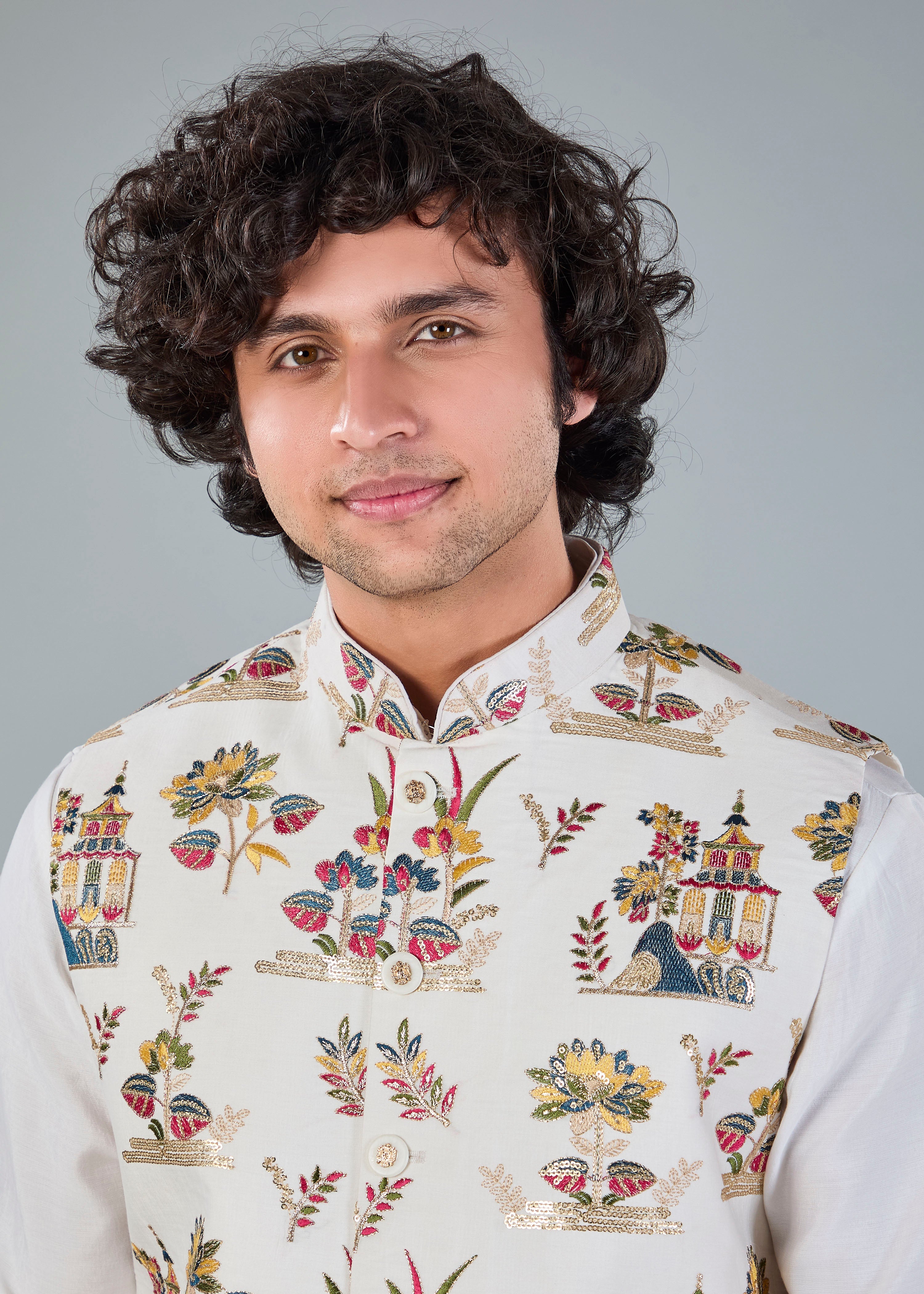 Men's Off-White Kurta Jacket Set in Raw Silk for Festive and Wedding