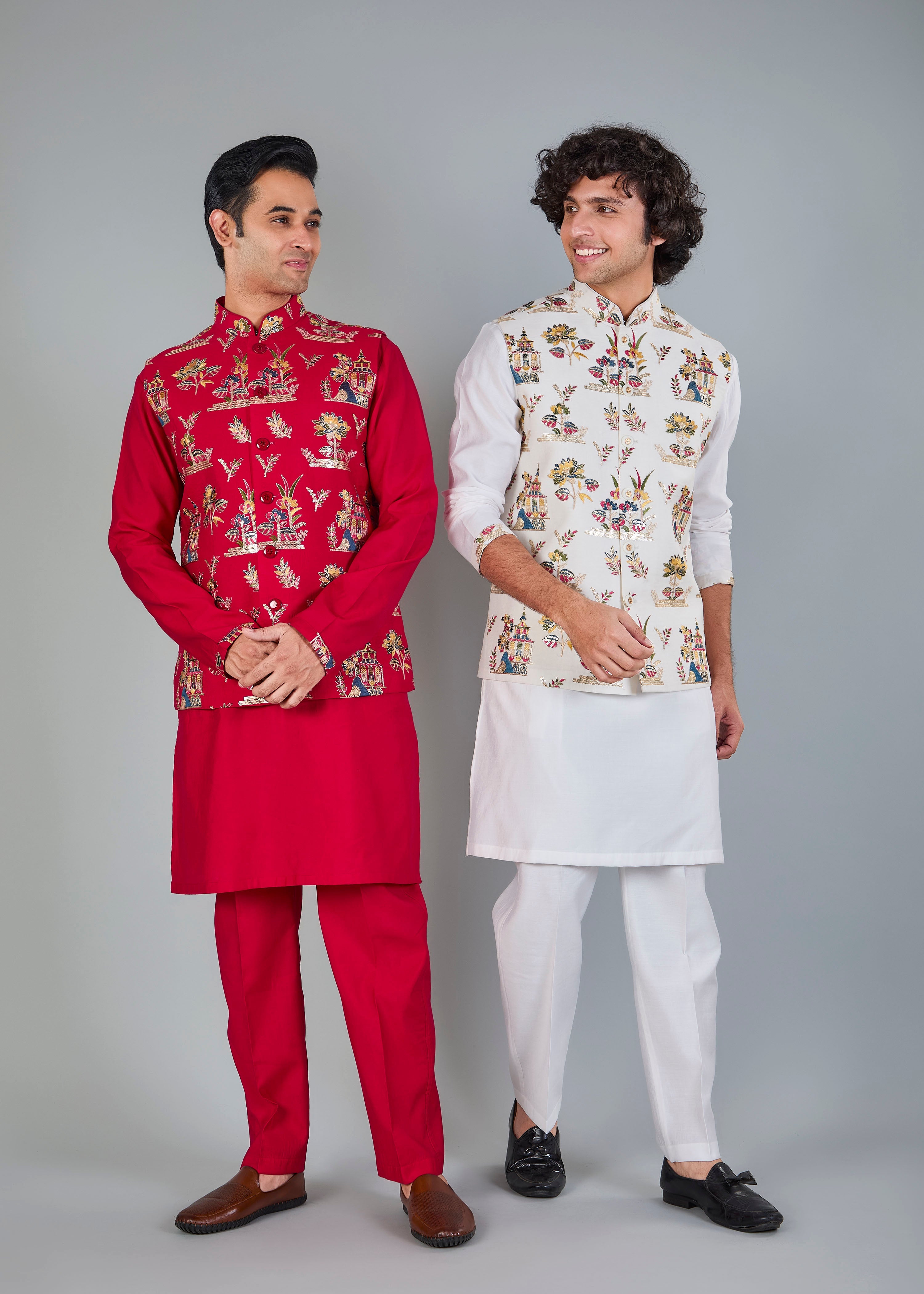 Men's Off-White Kurta Jacket Set in Raw Silk for Festive and Wedding
