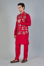 Magenta Men’s Raw silk Kurta Jacket Set for Wedding Celebrations