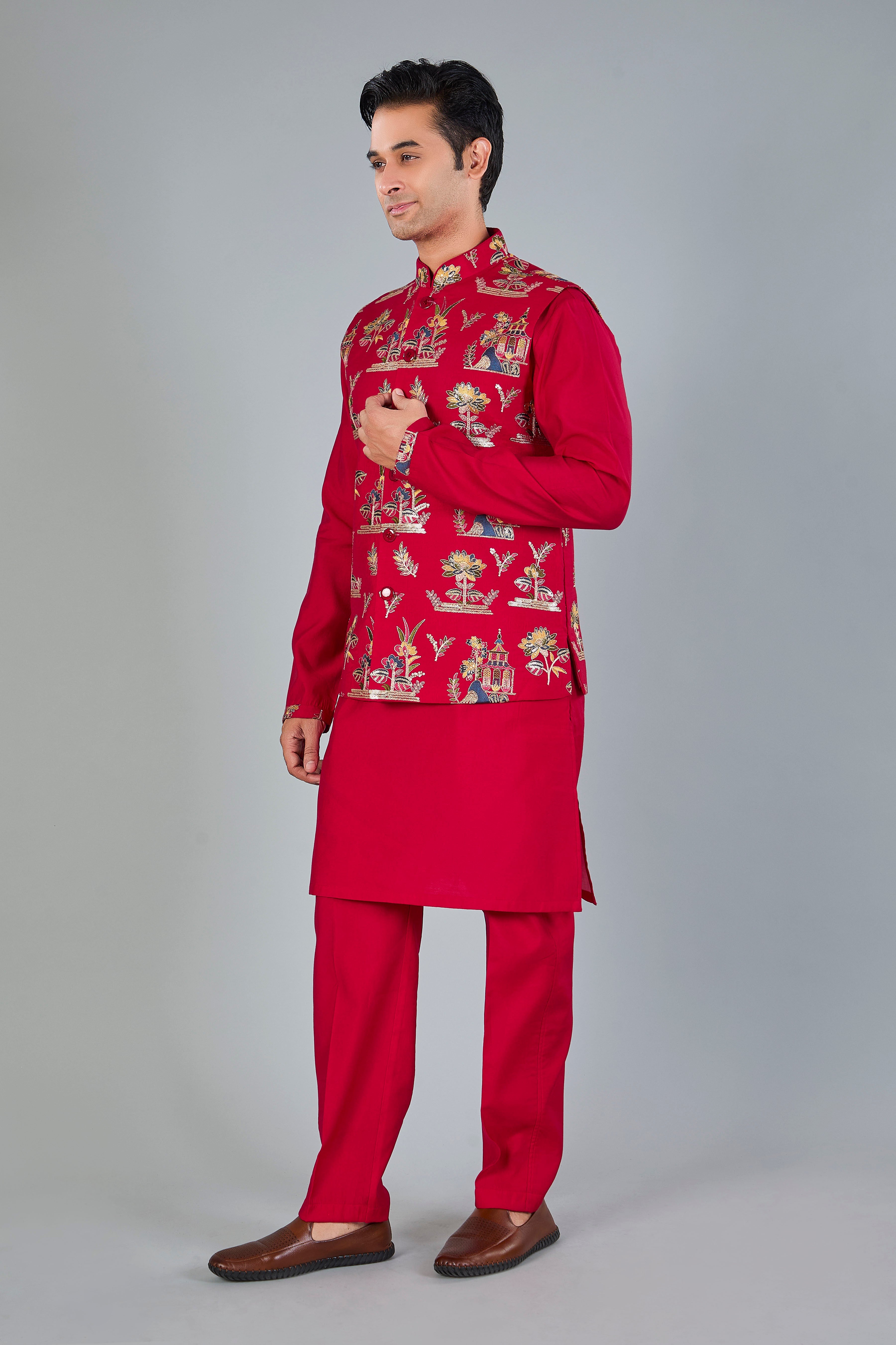 Magenta Men’s Raw silk Kurta Jacket Set for Wedding Celebrations