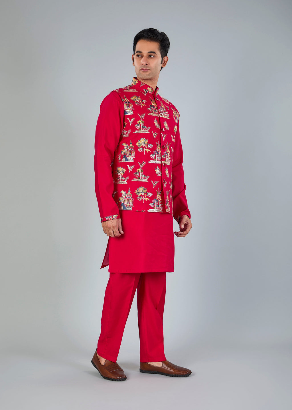 Magenta Men’s Raw silk Kurta Jacket Set for Wedding Celebrations