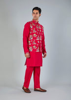 Magenta Men’s Raw silk Kurta Jacket Set for Wedding Celebrations