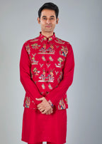 Magenta Men’s Raw silk Kurta Jacket Set for Wedding Celebrations