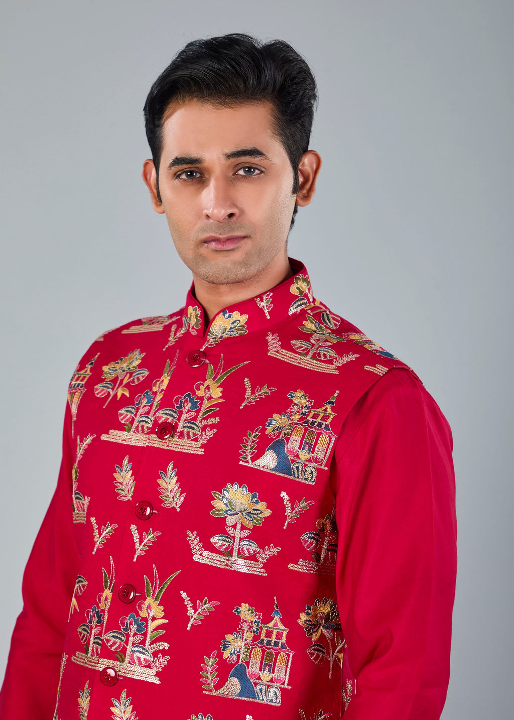 Magenta Men’s Raw silk Kurta Jacket Set for Wedding Celebrations