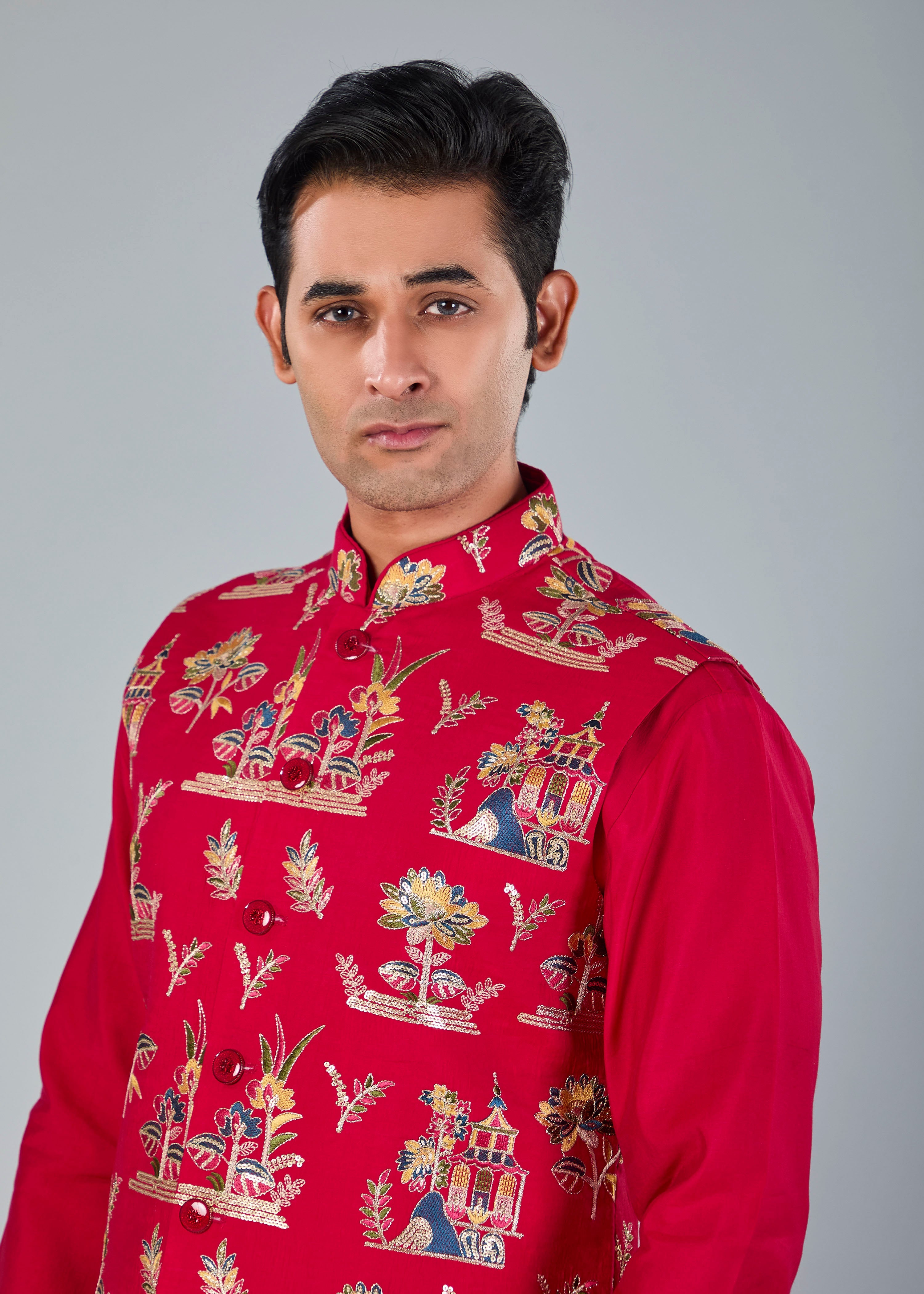 Magenta Men’s Raw silk Kurta Jacket Set for Wedding Celebrations