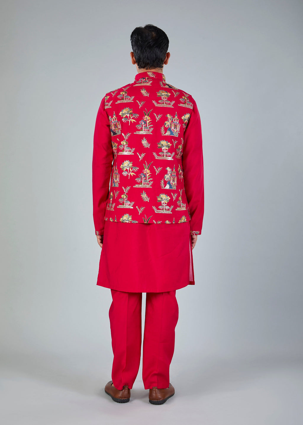 Magenta Men’s Raw silk Kurta Jacket Set for Wedding Celebrations