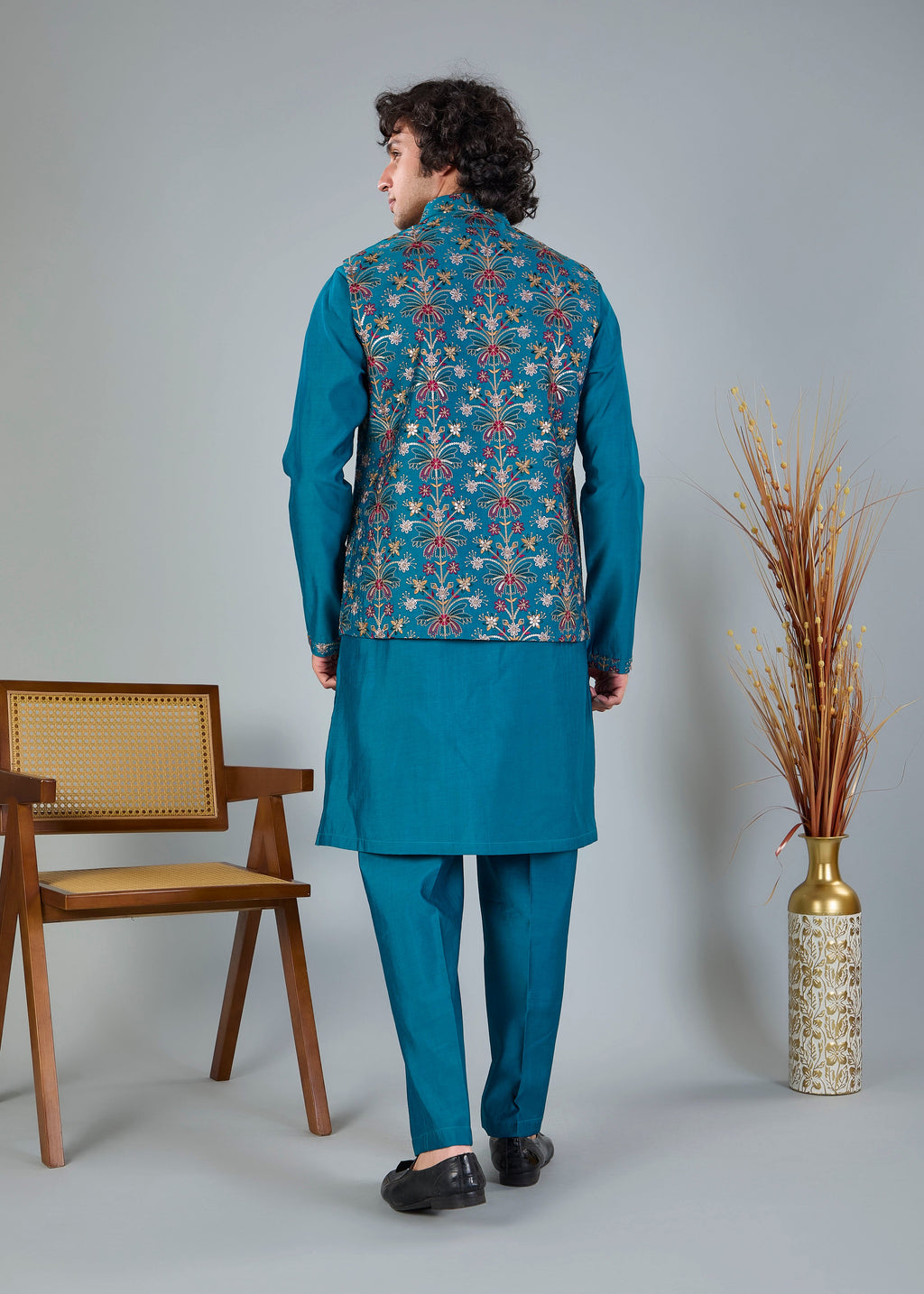 Rich Raw Silk Men’s Kurta Jacket Set in Peacock Blue for Festive Style