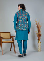 Rich Raw Silk Men’s Kurta Jacket Set in Peacock Blue for Festive Style