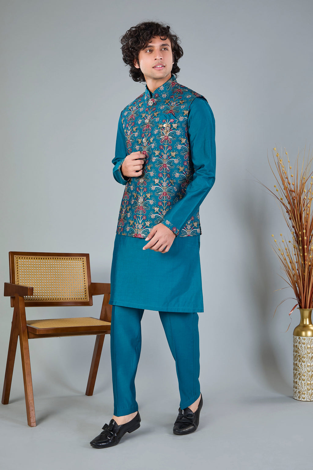 Rich Raw Silk Men’s Kurta Jacket Set in Peacock Blue for Festive Style