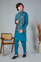 Rich Raw Silk Men’s Kurta Jacket Set in Peacock Blue for Festive Style
