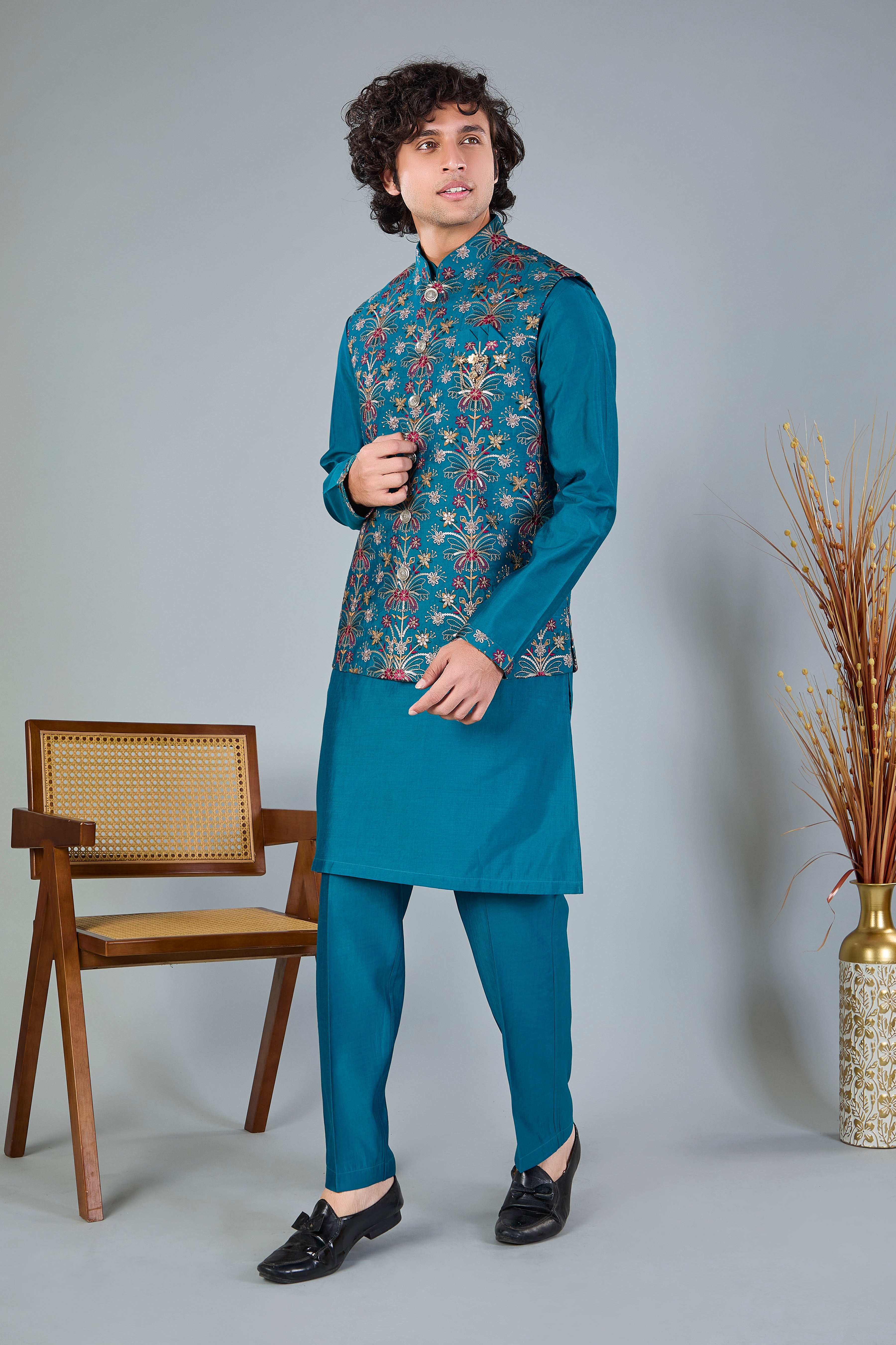 Rich Raw Silk Men’s Kurta Jacket Set in Peacock Blue for Festive Style