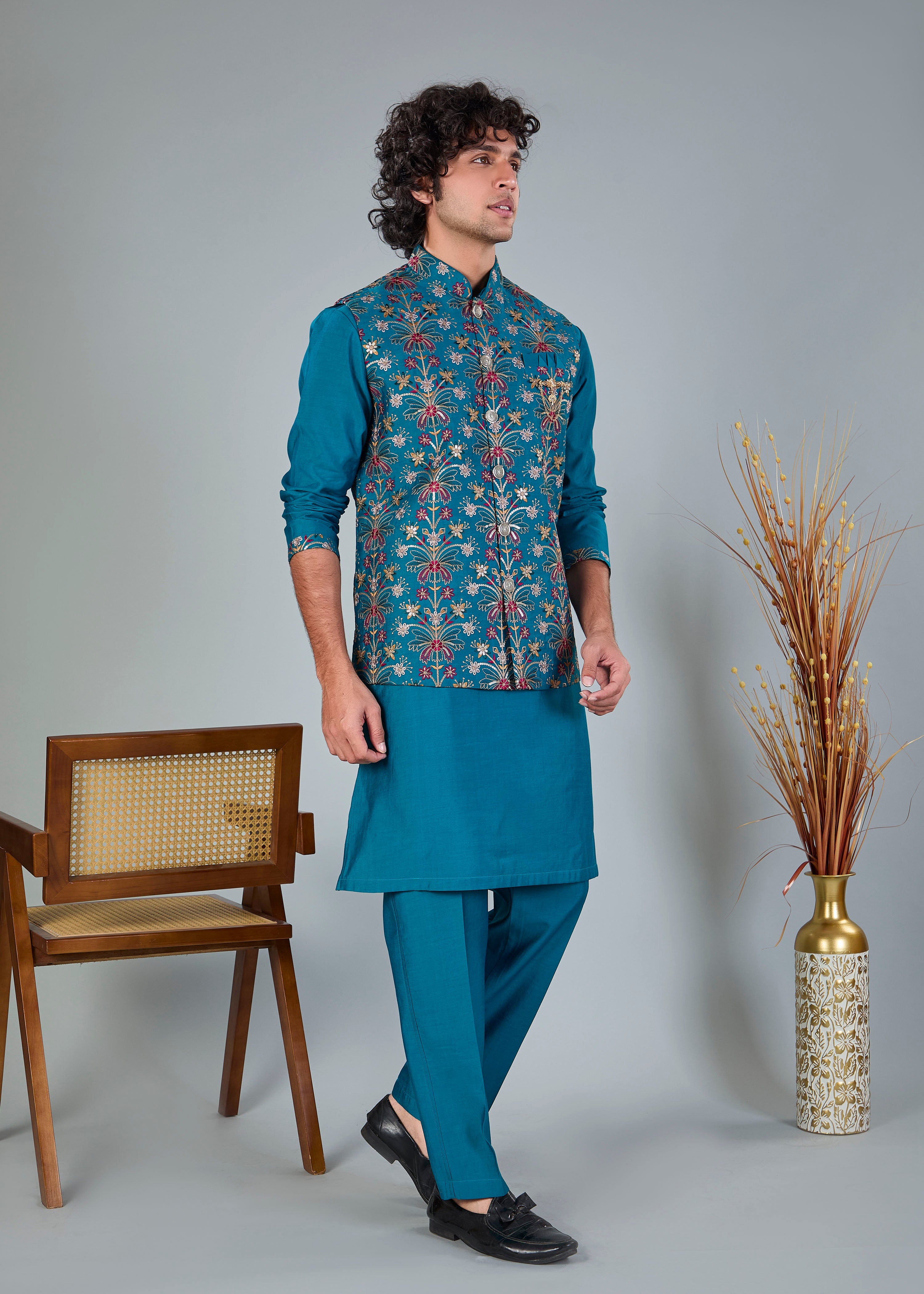 Rich Raw Silk Men’s Kurta Jacket Set in Peacock Blue for Festive Style